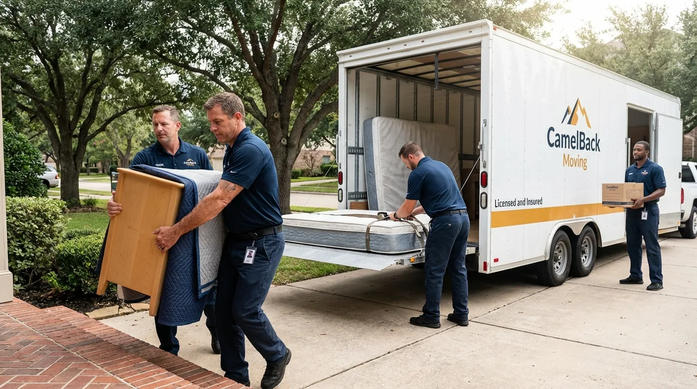 Crew loading residential truck for cross-state move from Rayville, LA