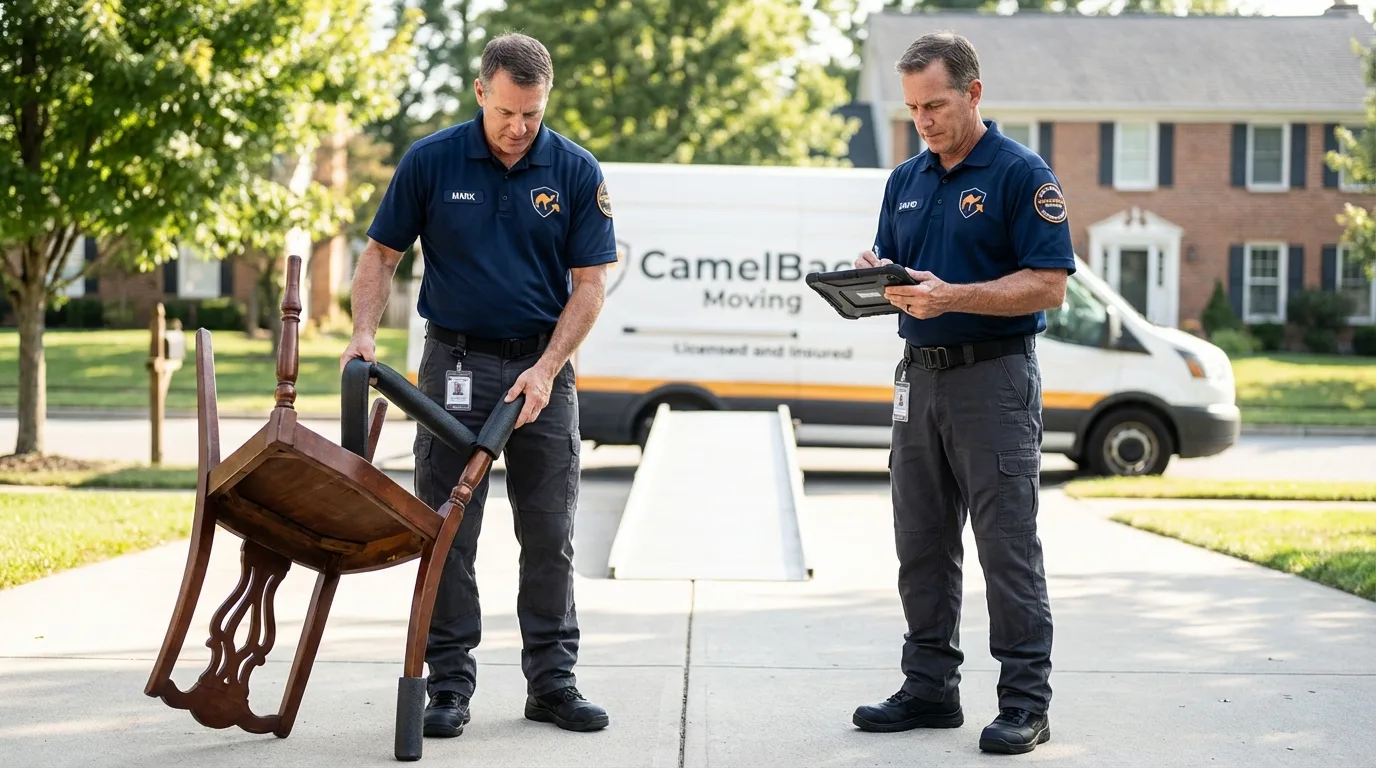 Movers inspecting furniture for damage prevention before loading in Rayville, LA