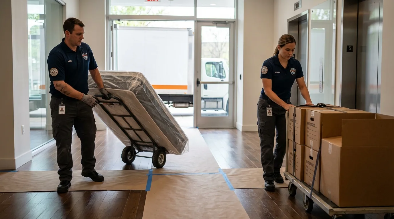 Professional apartment movers loading elevator in Rayville, LA