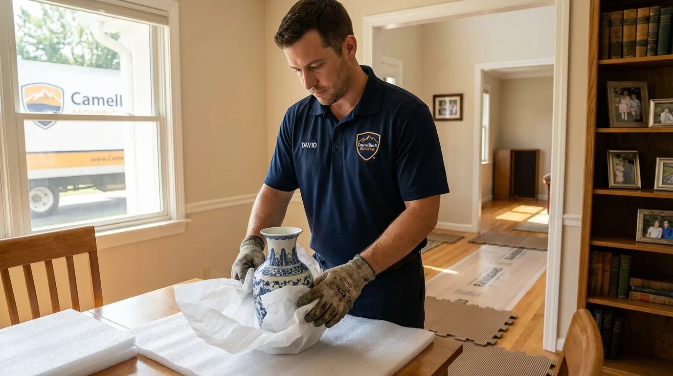 Professional crew carefully wrapping antique vase for senior downsizing move in Rayville, LA
